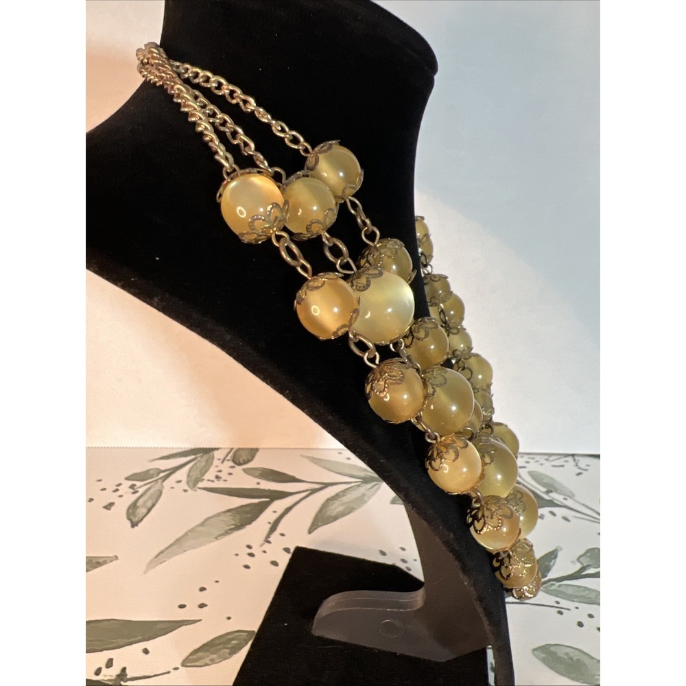 Vintage Butterscotch Lucite Beaded Necklace Multi Strand Filigree Caps Bib 1950s - Picture 4 of 8